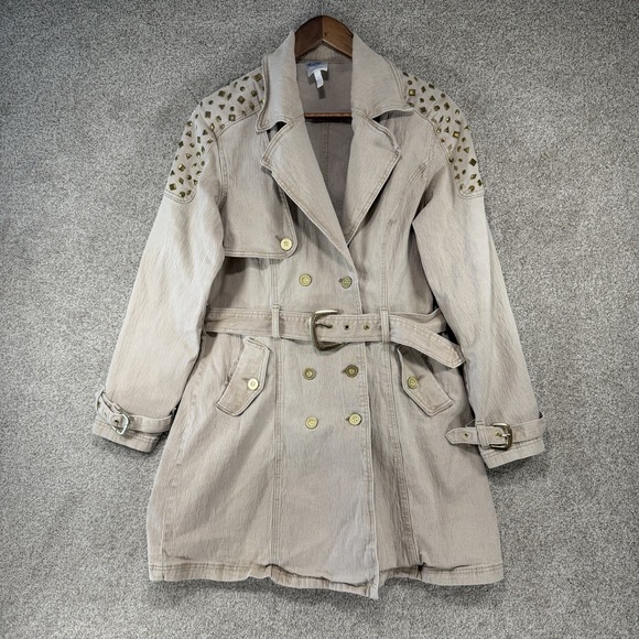 DG2 by Diane Gilman Jackets & Blazers - DG2 Tan Tenon Studded Long Jacket Sz Lg Belt Pockets Glam Punk Western